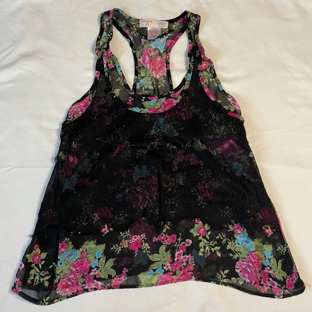 Sheer Black Floral and Lace Tank | #93